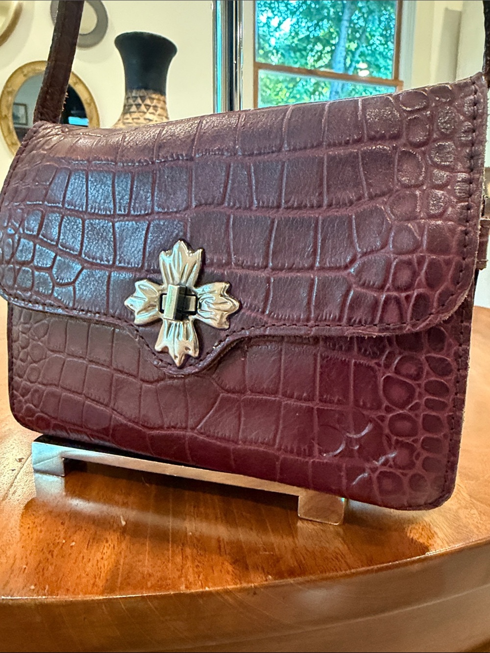 Patricia Nash Cerrelli Croc-Embossed Leather Crossbody Bag. Burgandy
